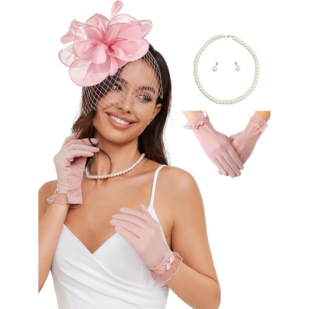 Fascinator Hats and Lace Touchscreen Gloves Set for Women Tea Party Wedding